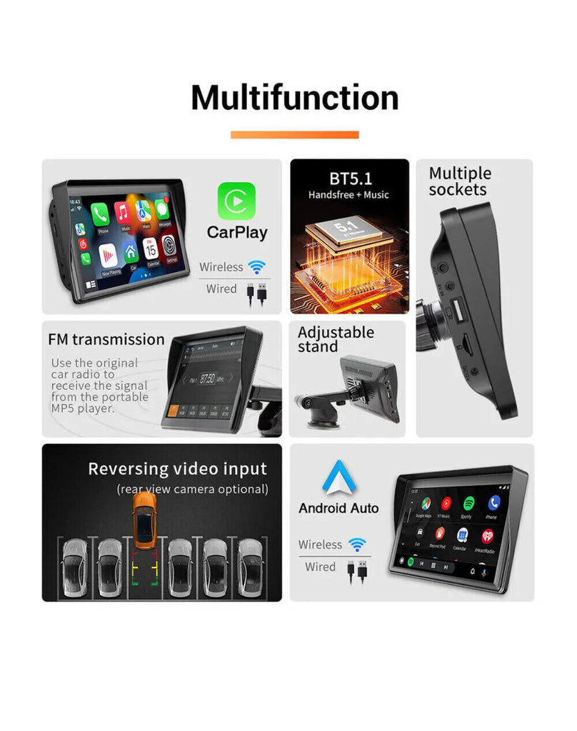 Portable 7"for Wireless Apple CarPlay Android Auto Touch Screen Car Radio Stereo